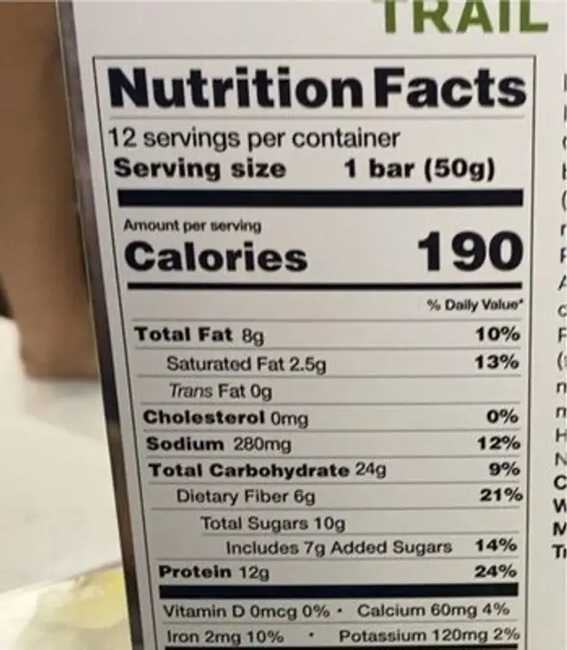 DotBar nutrition facts table
