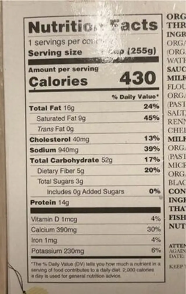 Organic Hand-Made Organic Three Cheese Macaroni nutrition facts table