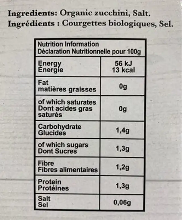 Spirales de courgettes nutrition facts table