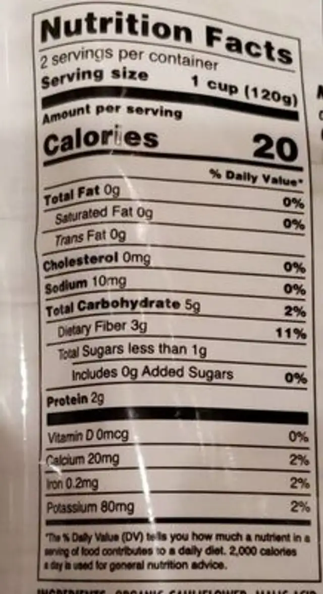 Via emilia organic rice cauliflower nutrition facts table