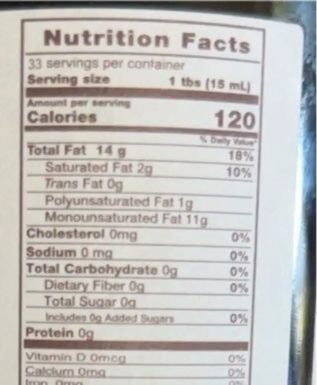 Organic extra virgin olive oil nutrition facts table