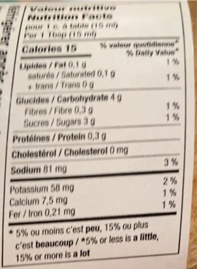 Ketchup rouge nutrition facts table