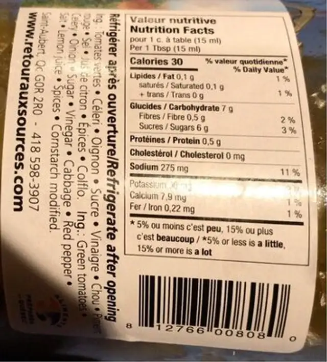 Ketchup vert nutrition facts table