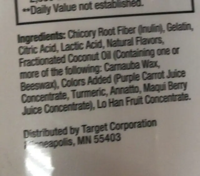 Target fiber ingredients label