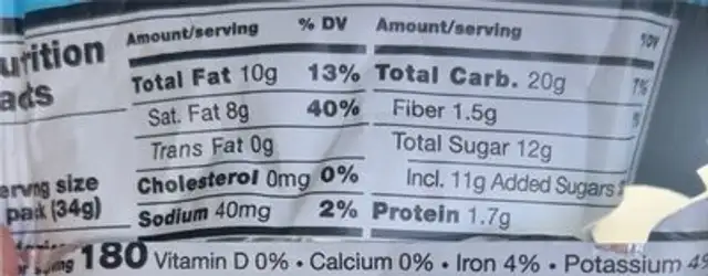 My motto nutrition facts table