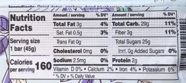 Livity Bar Blueberry Muffin nutrition facts table