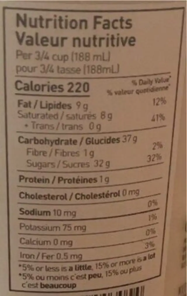 Gelato à base de plantes nutrition facts table