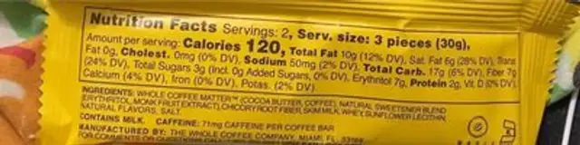 Nudge Colombian Coffee Bar nutrition facts table