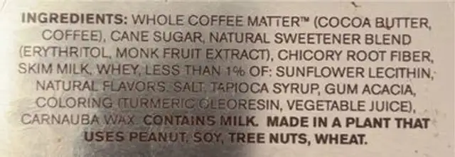 Nudge coffee bombs nutrition facts table