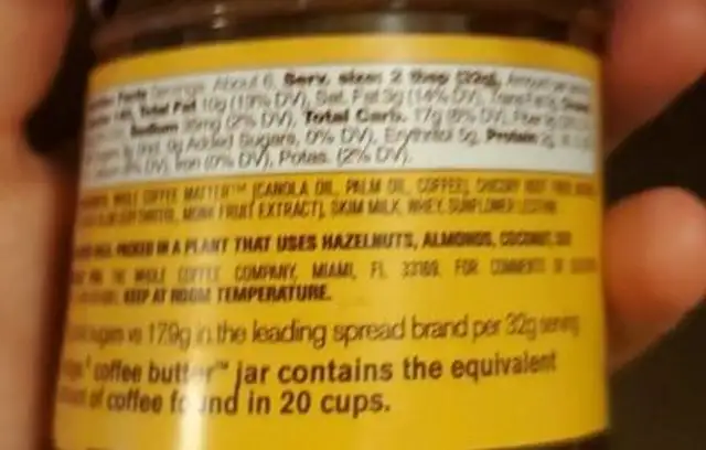 Coffee Butter nutrition facts table