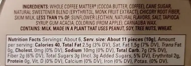 Nudge Coffee Bombs nutrition facts table