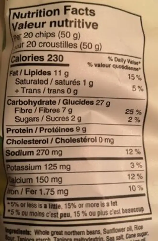 Beanitos Lime nutrition facts table