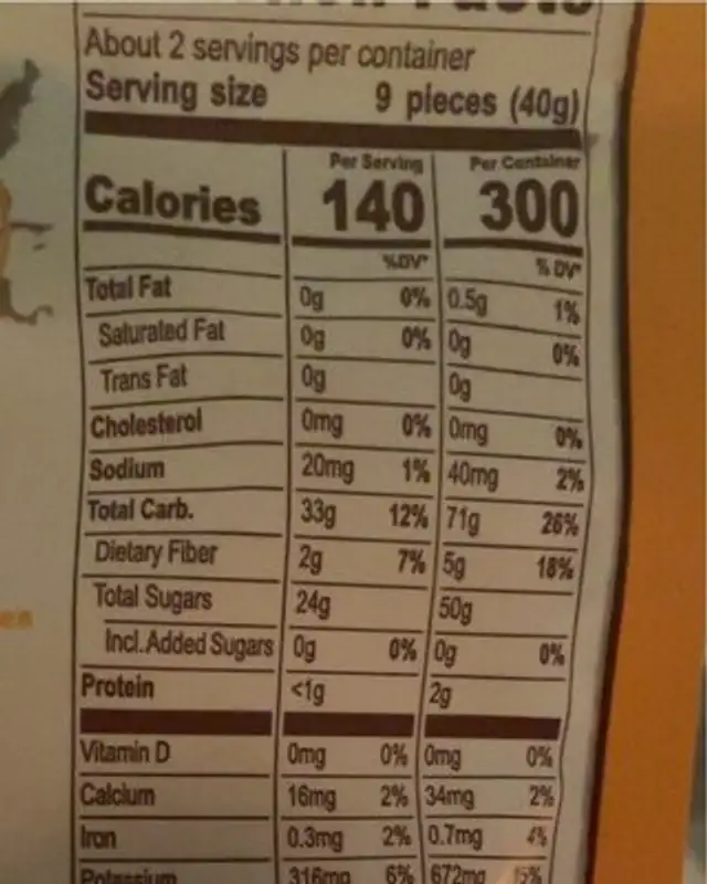 Organic Dried Mango Strips nutrition facts table