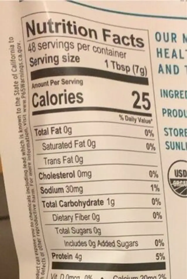 Organic spirulina powder nutrition facts table