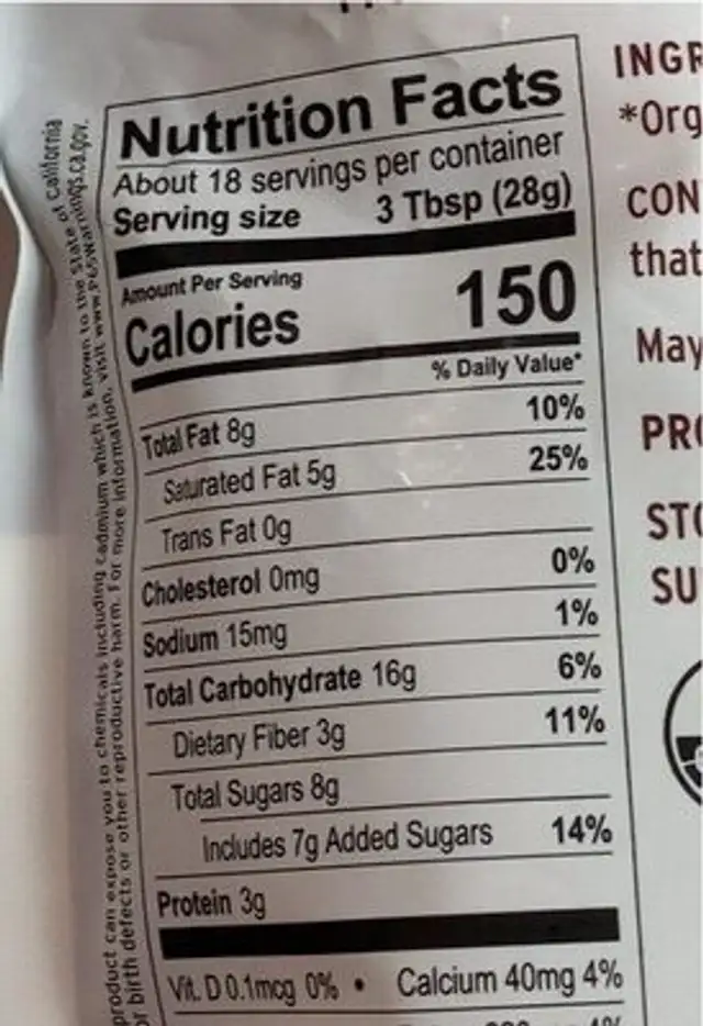 Organic Sweet Cacao Nibs nutrition facts table