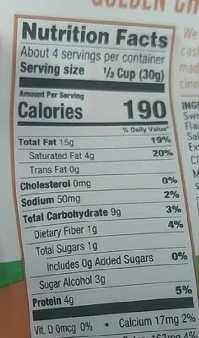 Golden Chai peacab crunch nutrition facts table