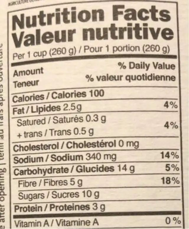 Légumes pour couscous nutrition facts table