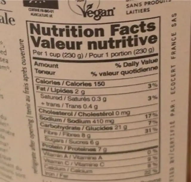 Flagelot nutrition facts table