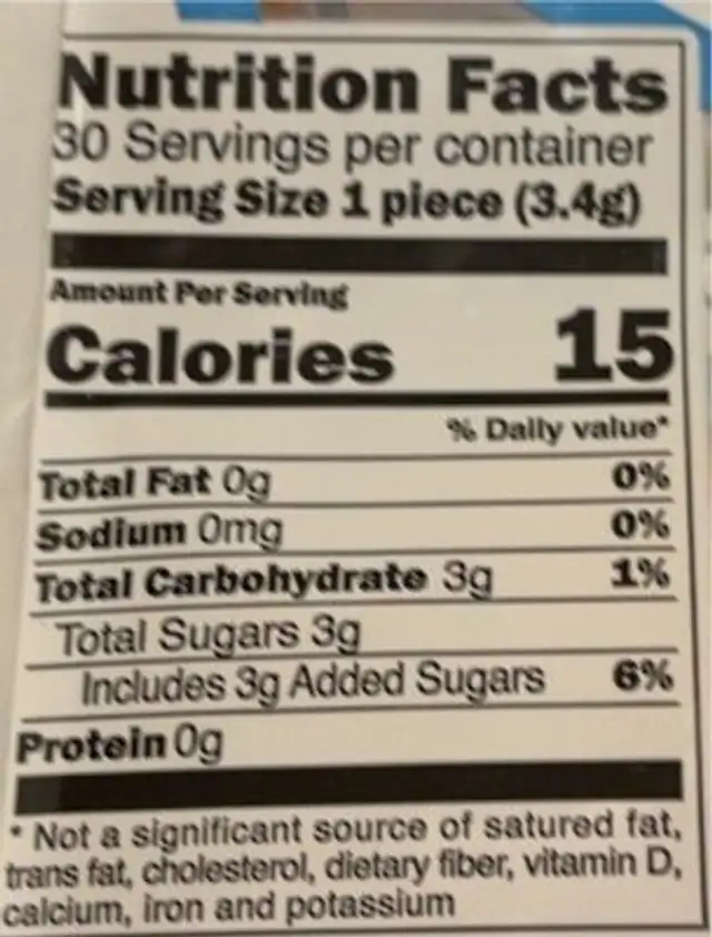 Sour fruity tubes nutrition facts table
