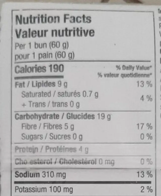 ciabatta buns nutrition facts table