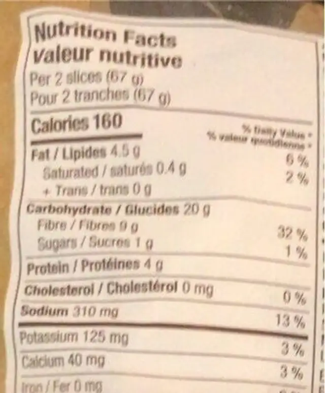 Pain multigrains au levain nutrition facts table