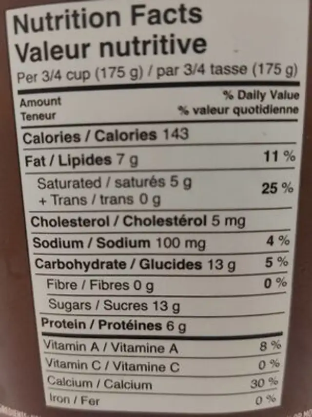 Yogourt au lait entier nutrition facts table