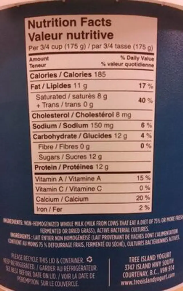 Yogourt grecq nutrition facts table