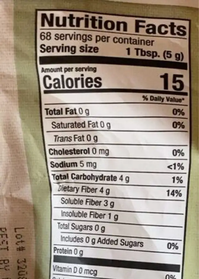 Organic whole husk psyllium nutrition facts table
