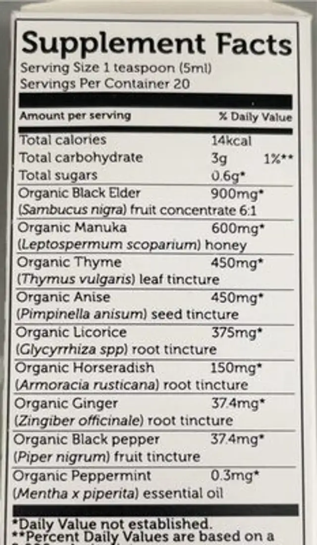 Elderberry immune syrup nutrition facts table