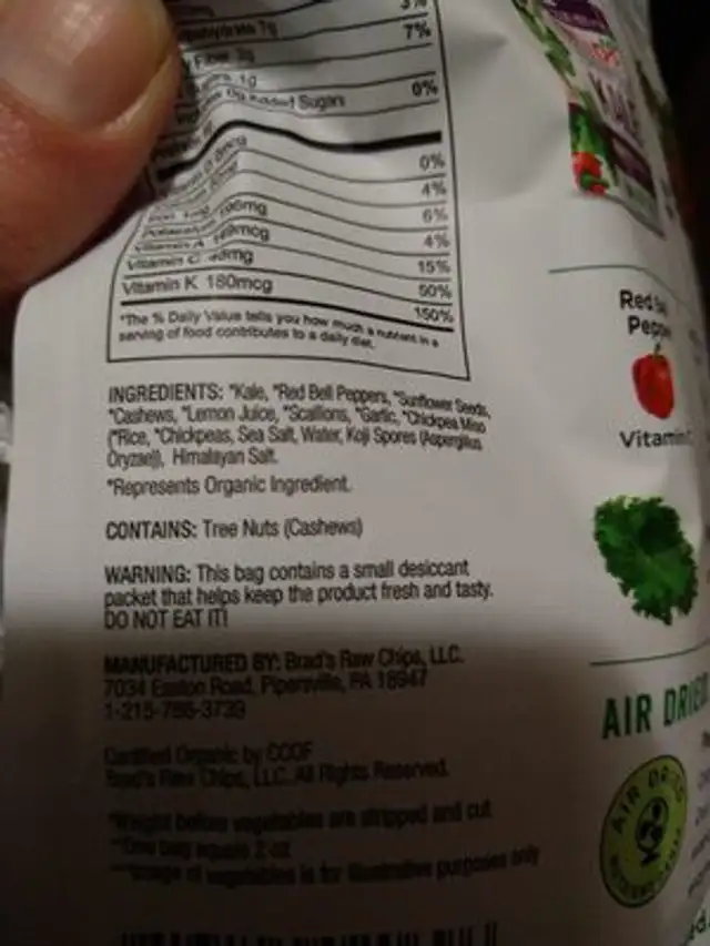 Brad's Crunchy Kale Vampire Killer ingredients label