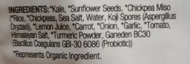 Brad's plant based original crunchy kale ingredients label