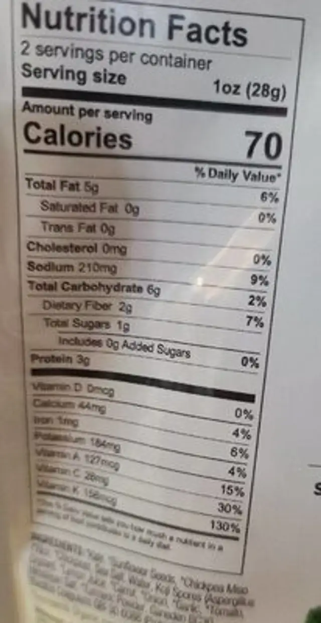Brad's plant based original crunchy kale nutrition facts table