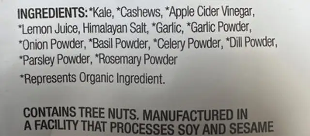Crunchy Kale Radical Ranch ingredients label