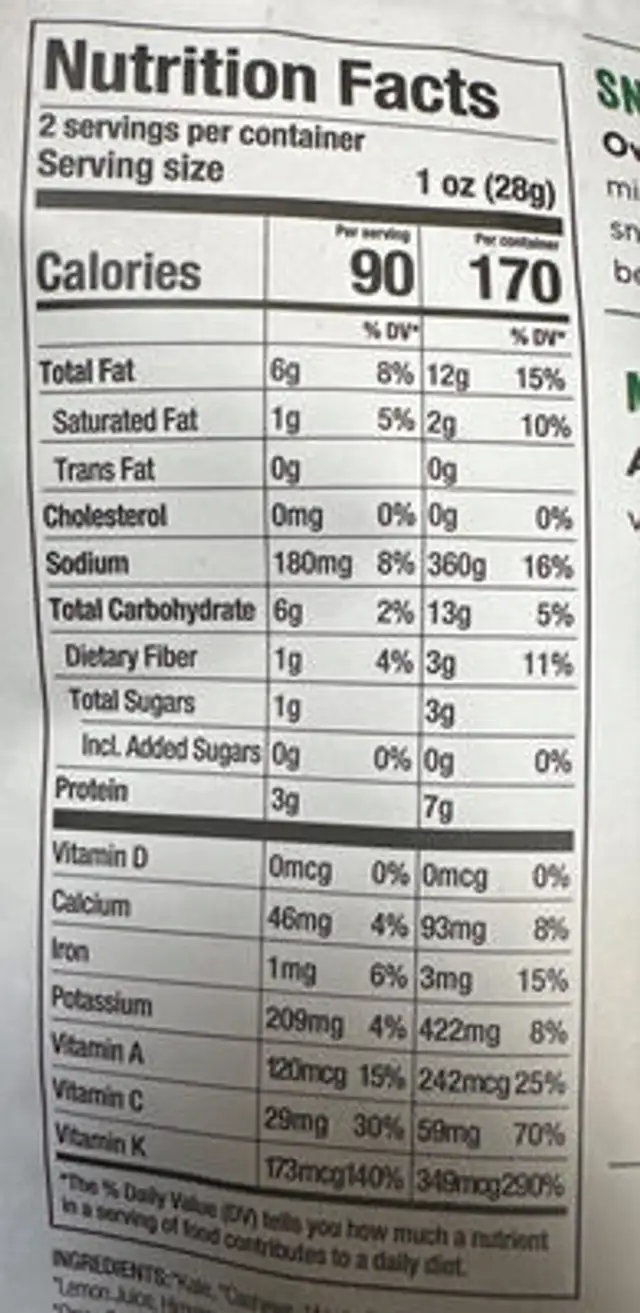 Crunchy Kale Radical Ranch nutrition facts table