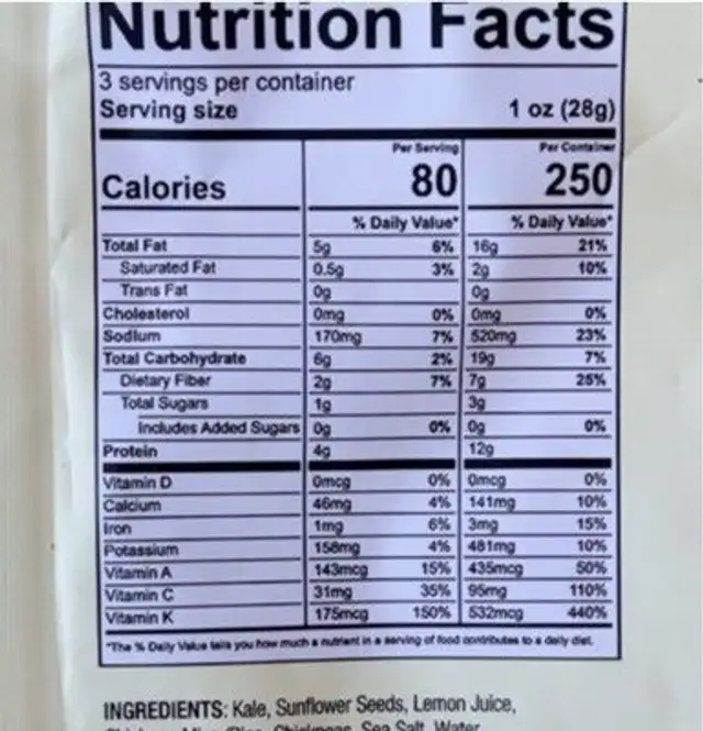 Brad’s crunchy kale nutrition facts table