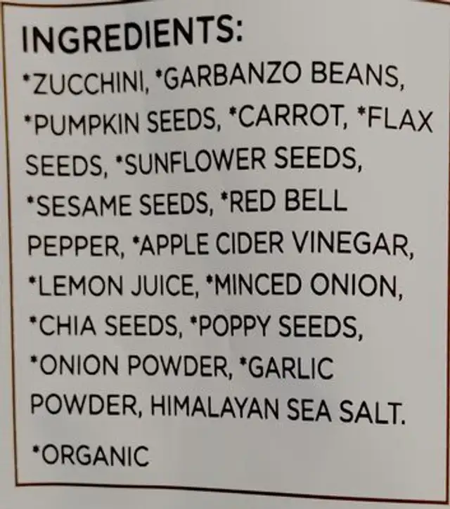 Veggie flats ingredients label
