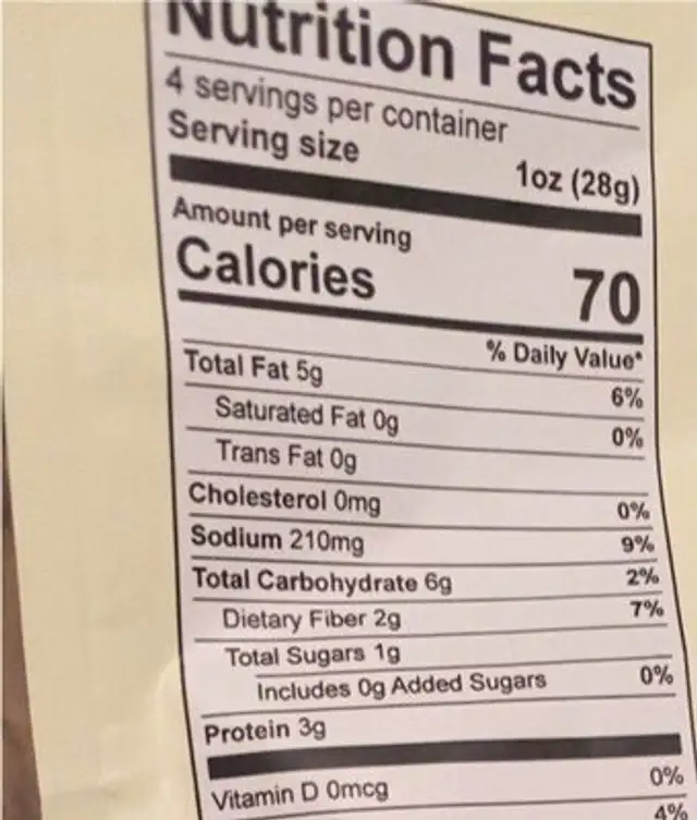 Crunchy Kale Naturals nutrition facts table