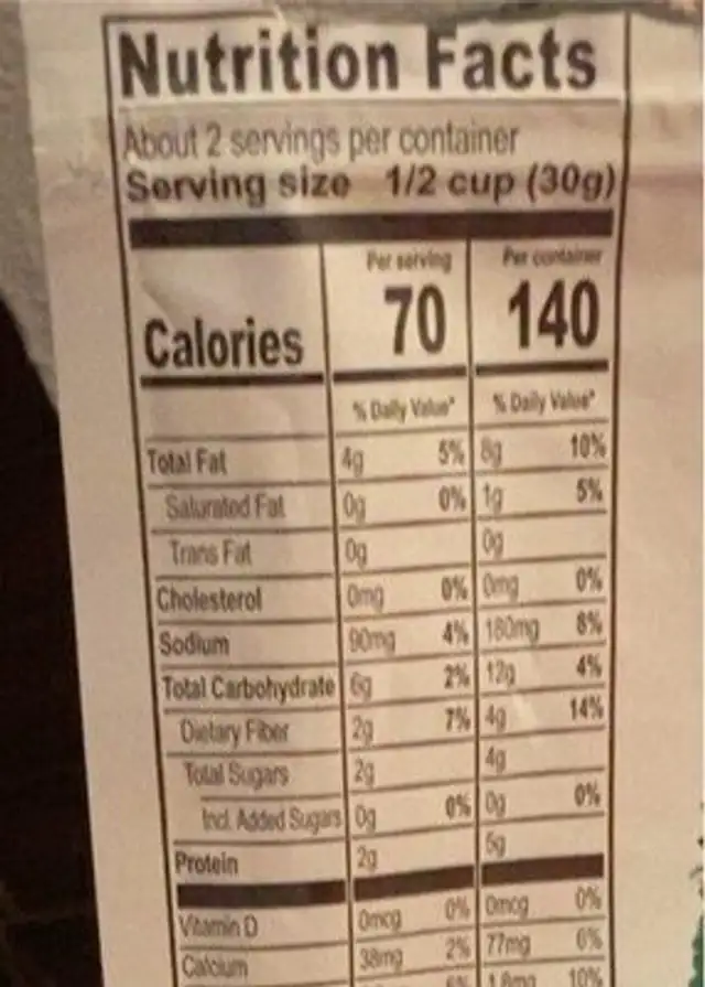 Brad’s Salad to Go nutrition facts table