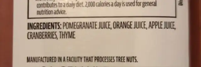Pomegranate Cranberry ingredients label