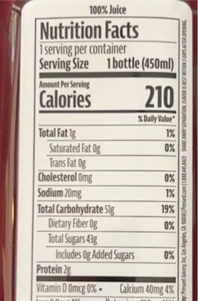 Pomegranate Cranberry nutrition facts table