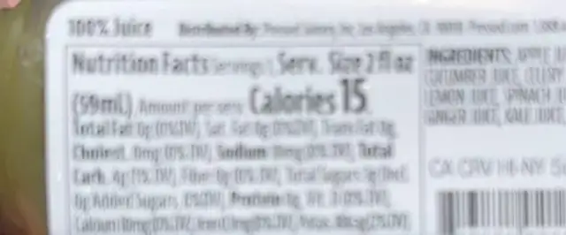 Pressed greens 3 nutrition facts table