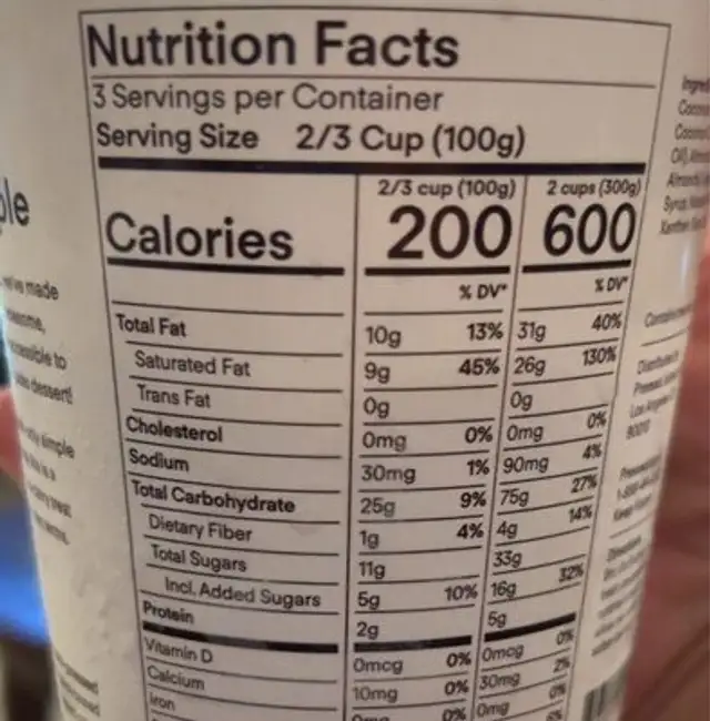 Coconut Vanilla Non-Dairy Frozen Dessert nutrition facts table