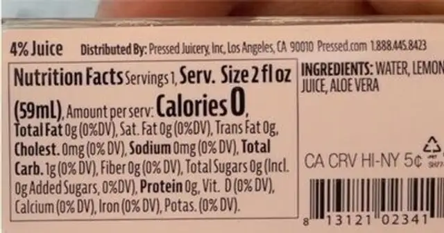 Aloe Vera nutrition facts table