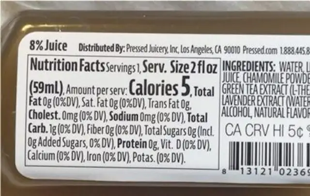 Relax shot nutrition facts table