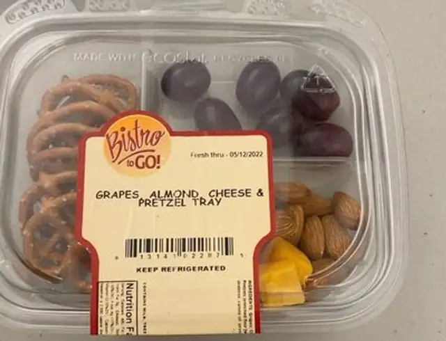 grapes, almonds, cheese pretzel tray