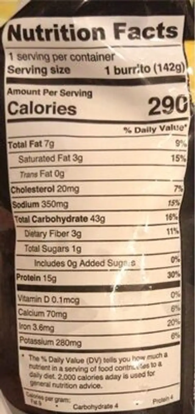 Chicken fajita bean and rice burrito nutrition facts table