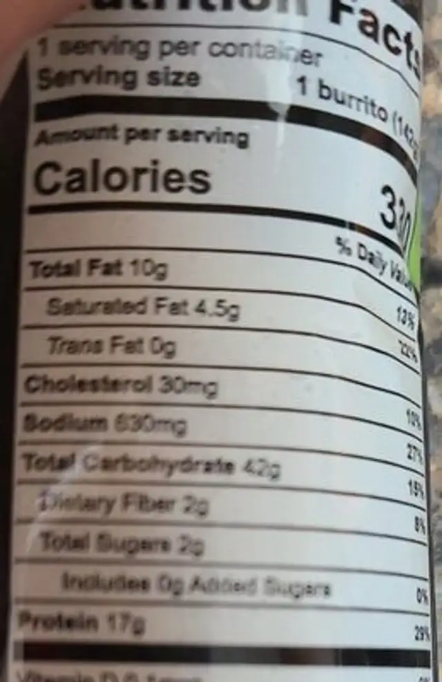 Chicken cilantro lime burrito nutrition facts table