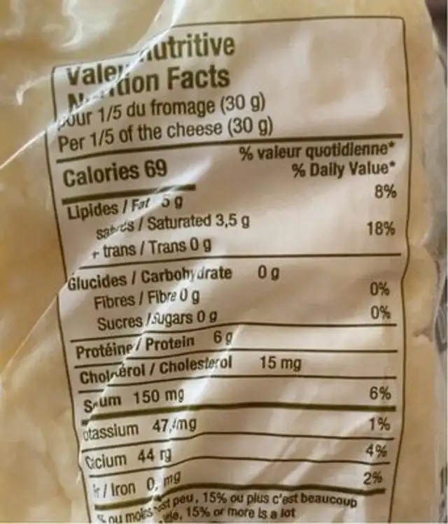 Fromage affiné à pâte molle nutrition facts table