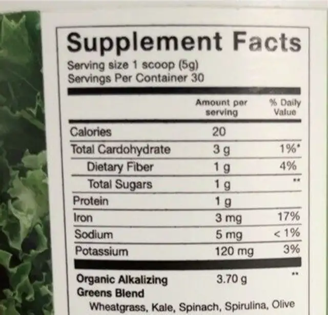 Heart Greens nutrition facts table