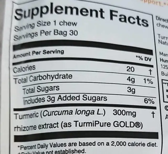 Turmeric chews nutrition facts table